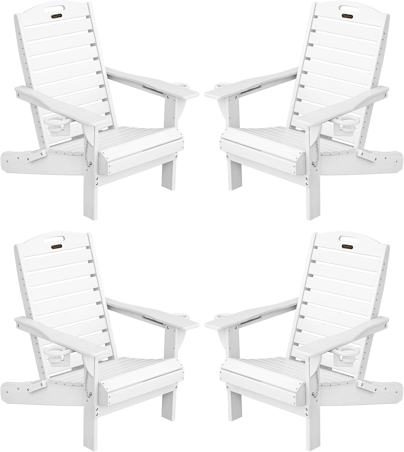 Adirondack Chairs Set of 4, Outdoor Fire Pit Chairs, HDPE All-Weather Adirondack Chairs with Cup Holder, Lawn Chair for Deck, Patio, Garden (White)