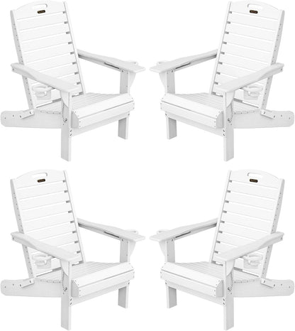 Adirondack Chairs Set of 4, Outdoor Fire Pit Chairs, HDPE All-Weather Adirondack Chairs with Cup Holder, Lawn Chair for Deck, Patio, Garden (White)