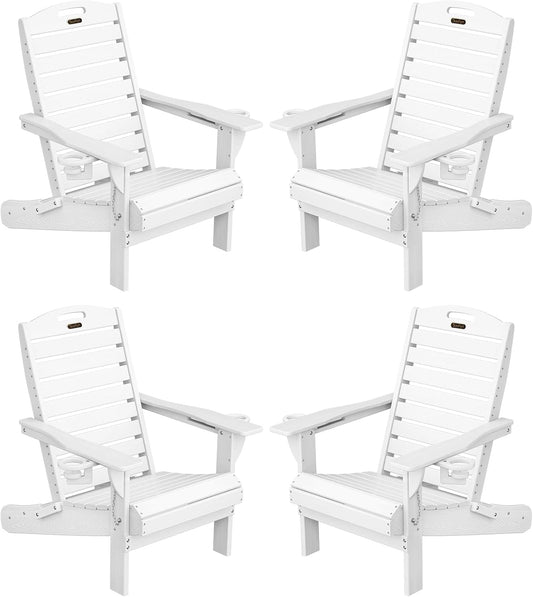 Adirondack Chairs Set of 4, Outdoor Fire Pit Chairs, HDPE All-Weather Adirondack Chairs with Cup Holder, Lawn Chair for Deck, Patio, Garden (White)