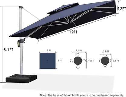 PURPLE LEAF 12 Feet Double Top Deluxe Square Patio Umbrella Offset Hanging Umbrella Cantilever Outdoor Market Garden Umbrella, Navy Blue