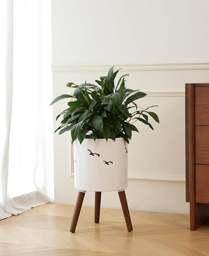 naclto 12 Inch Planter Pot with Stand,Large Modern Plant Pot for Indoor Plants,Flower Pot Indoor Outdoor with Drainage for Home Garden Patio, White and Black