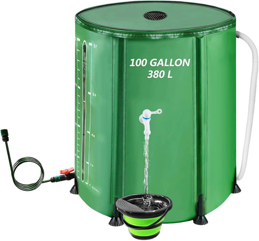100 Gallon Collapsible Rain Barrel, 380L Water Storage Tank with Scale Mark for Garden Plant Watering, Farm Irrigation, XL Rainwater Collection System with Spigots, Overflow Kit, Hoses