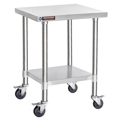 DuraSteel 24x24 NSF Stainless Steel Cart Work Table - Heavy Duty Rolling Food Prep Table - Metal Utility Cart on Wheels Caster, Grill Stand Microwave Outdoor Kitchen Tables Countertop Island Large Top