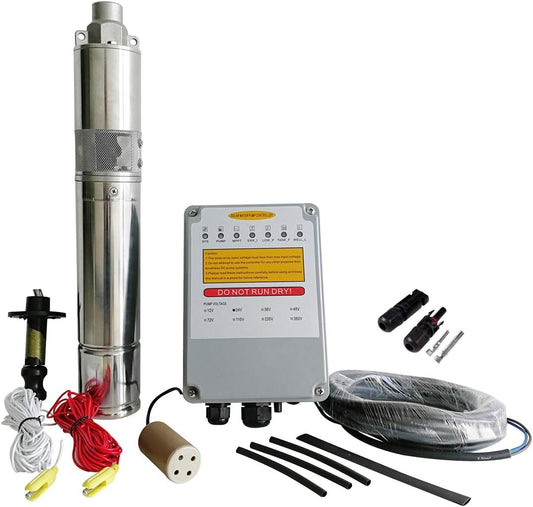 3-Year Warranty Solar Water Pump 24VDC | Stainless Steel 316 Deep Submersible Pump for Boreholes, Ponds | 165ft Head, 5.7GPM, MPPT Controller,JS3-1.3-50