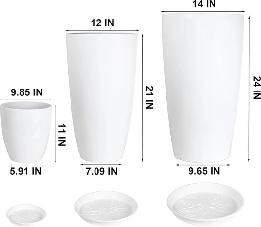 24,21,11 Inch Large Plastic Planters with Drainage Hole and Saucer - Set of 3 Tall Plant Pots Indoor Flower Pot Tall Round Planters Outdoor Large Tall Planter