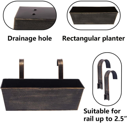 Hanging Planters for Outdoor Plants 16 Inch Railing Planter Box for Balcony Deck Window Metal Rectangular Fence Flower Pots with Drainage Holes for Patio Porch Outside Garden Decor(3 Pack)