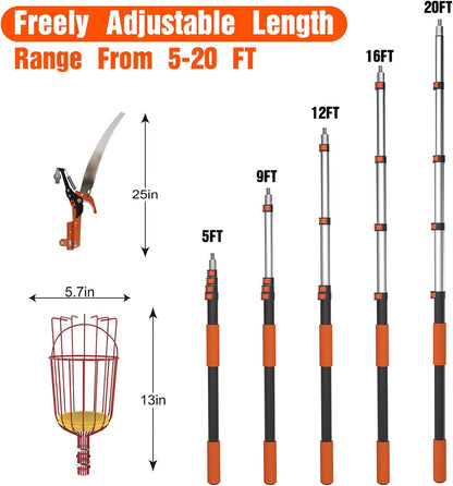 26FT Reach Fruit Picker Pole with Basket Telescoping, Apple Picker with Tree Trimmer and 5-20FT Extension Pole for Orange Lemon Mango Avocado Guava Fruit Picking
