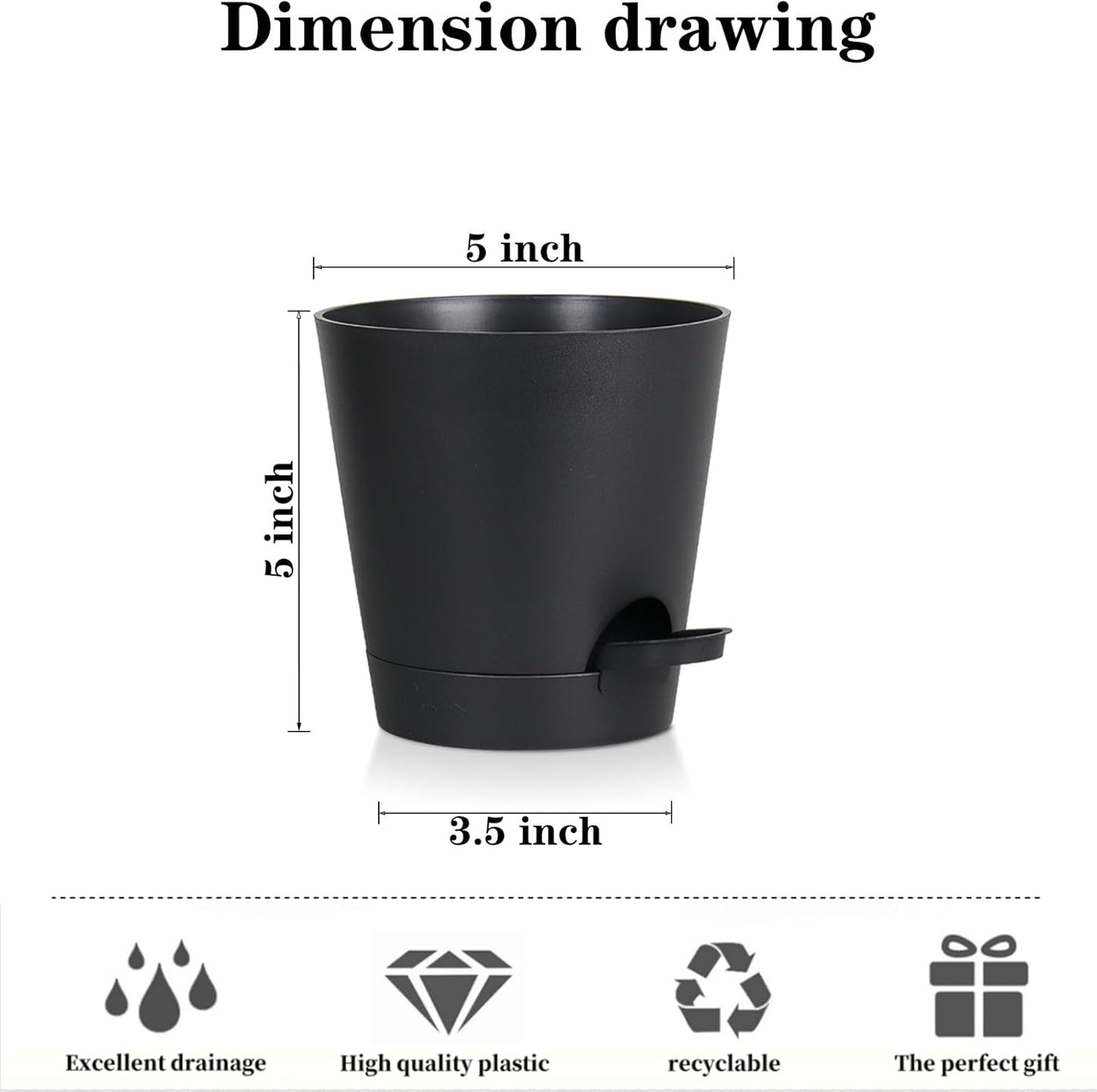 5 Pack 5 inch Self-Watering Pots, African Violets Planter with Drainage Holes and Reservoir, Black Plastic Planter for Indoor Outdoor Plants Flowers and Houseplants Black, 5 inch 5 pcs