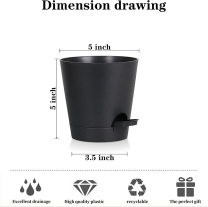 5 Pack 5 inch Self-Watering Pots, African Violets Planter with Drainage Holes and Reservoir, Black Plastic Planter for Indoor Outdoor Plants Flowers and Houseplants Black, 5 inch 5 pcs