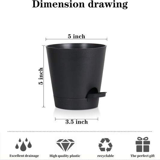 5 Pack 5 inch Self-Watering Pots, African Violets Planter with Drainage Holes and Reservoir, Black Plastic Planter for Indoor Outdoor Plants Flowers and Houseplants Black, 5 inch 5 pcs