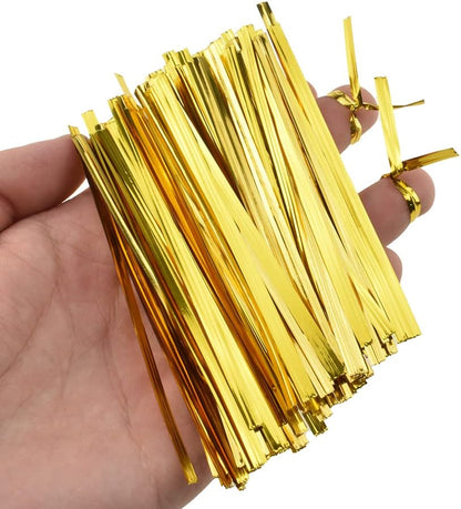 HAHIYO 300Pcs 4 inches Gold Metal Twist Ties Bread Candy Coffee Bag Ties Plant Garden Twist Ties for Cellophane Treat Bags Gift Wraping Bags Plastic Bags Halloween Party Cake Present Art Crafts