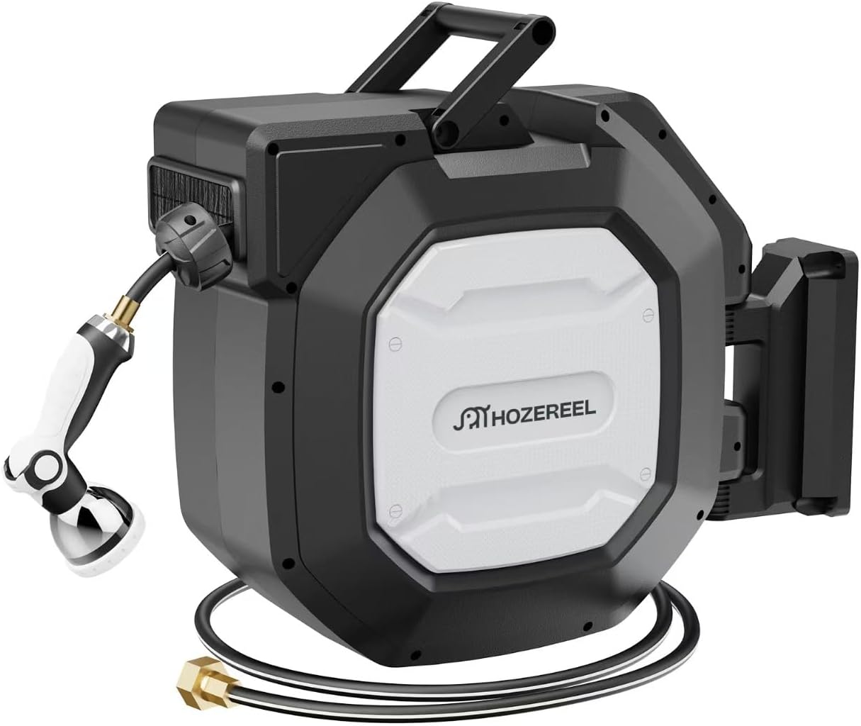 135 ft x 1/2" HOZEREEL Heavy Duty Retractable Garden Hose Reel, Garden Hose Reels Outdoor Organizer- Self Retracting Wall Mount Hose Reel Automatic Recoil Storage, Any Length Lock, 10 Pattern Nozzle