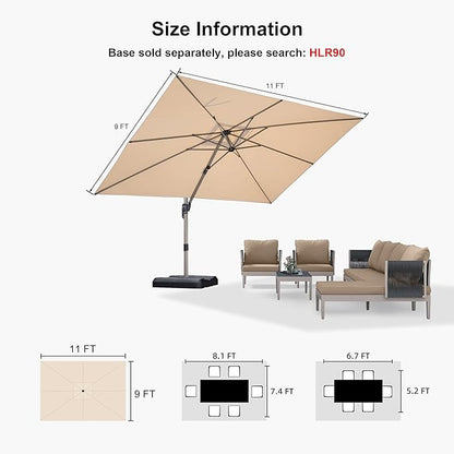 PURPLE LEAF 9' X 11.5' Patio Umbrella, Rectangle Outdoor Cantilever Umbrella, Aluminum Offset Umbrella with Champagne Frame and 360° Rotation for Pool Deck Garden, Beige