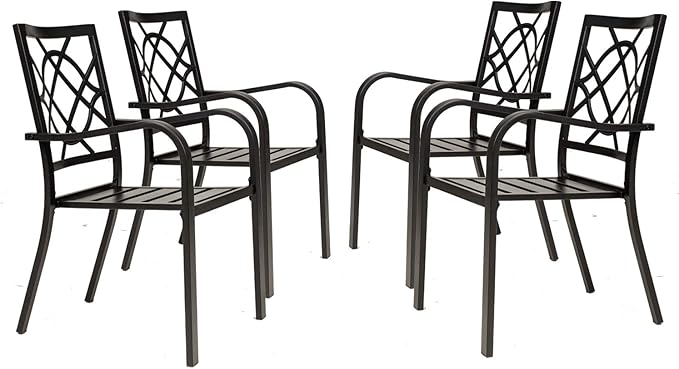 Incbruce 300lbs Patio Chairs Set of 4 Outdoor Dining Chairs, Metal Frame Stackable Patio Dining Chairs, Wrought Iron Black Outdoor Chair with Armrest for Garden, Poolside, Backyard