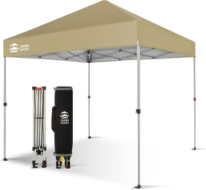 CROWN SHADES 8x8 Pop Up Canopy - Beach Tent with One Push Setup - Easy Outdoor Sun Shade for Events, Parties, Camping - Gazebo with STO-N-Go Cover Bag, Silver Coated Top, Beige