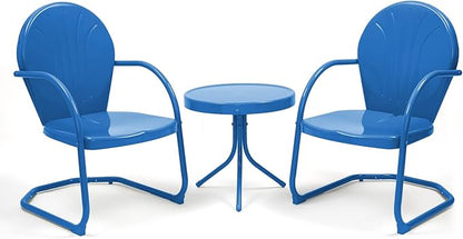3 Pieces Patio Bistro Set Retro Metal Outdoor Seating Conversation, 2 C-Spring Retro Metal Patio Chairs and Round Side Table, for Balcony, Yard, Garden - Ocean Blue