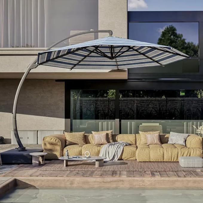 Acrylic Fabric 11FT Cantilever Umbrella with Base Large Curvy Outdoor Aluminum Offset Umbrella w/ 360° Rotation, UV Resistant Canopy for Patio, Garden, Backyard, Blue Stripes
