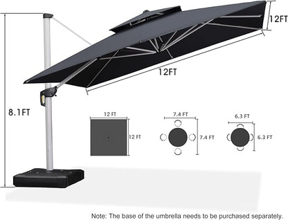 PURPLE LEAF 12 Feet Double Top Deluxe Square Patio Umbrella Offset Hanging Umbrella Cantilever Outdoor Market Garden Umbrella, Grey
