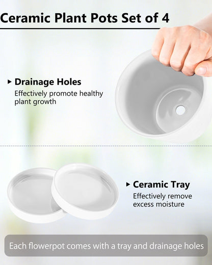 EFISPSS Flower Planter –5 inch Ceramic Plant Pots with Drainage Holes and Ceramic Tray - Gardening Home Desktop Office Windowsill Decoration Gift Set of 4 - Plants NOT Included (White)