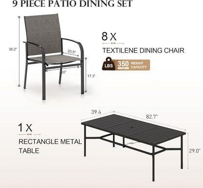 HERA'S HOUSE 9 Pieces Patio Dining Set, 8 x Brown Textilene Patio Chairs and 1 x 83 Large Rectangle Dining Table, Outdoor Furniture Set for Deck Garden Backyard Lawn Poolside