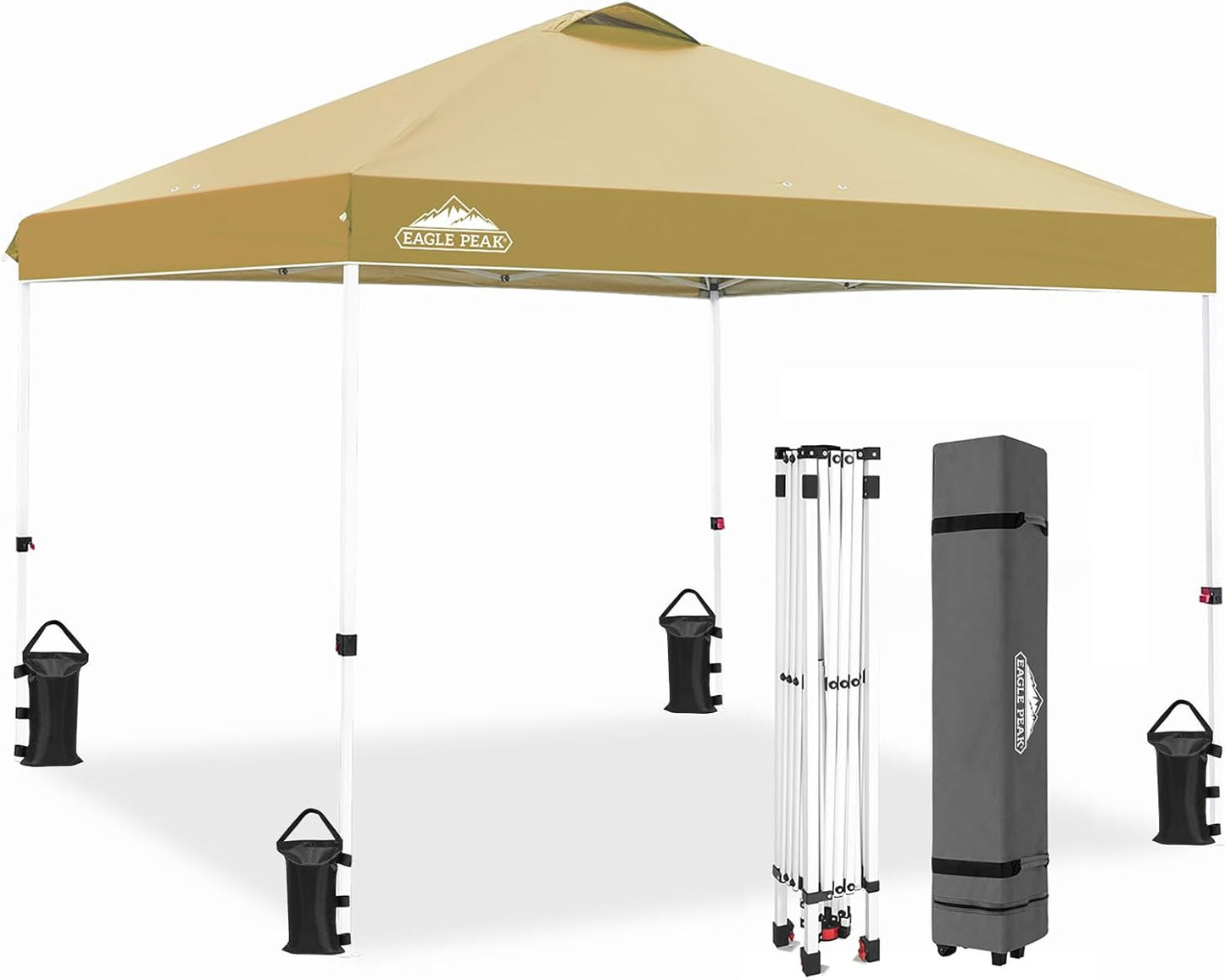 EAGLE PEAK Pop Up Canopy Tent with Wheeled Carry Bag, 8 Stakes, 4 Ropes, 4 Weight Bags, Easy Set Up Tent Canopy, 10x10 ft, 100sqft of Shade, Beige