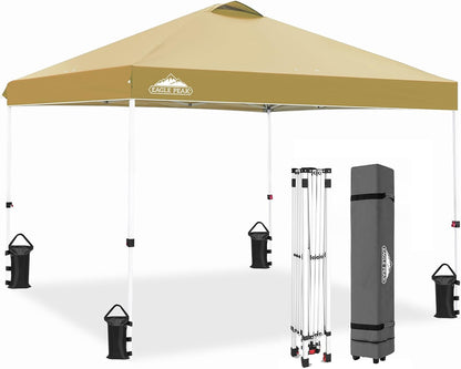 EAGLE PEAK Pop Up Canopy Tent with Wheeled Carry Bag, 8 Stakes, 4 Ropes, 4 Weight Bags, Easy Set Up Tent Canopy, 10x10 ft, 100sqft of Shade, Beige
