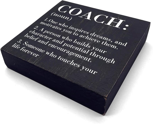 HTBIG Inspirational Coach Noun Coach Gifts Desk Decor Wooden Box Sign Rustic Black Wood Block Plaque Box Sign for Coach Mentor Trainer Tutor Home Office Desk Shelf Table Decoration Coach send friends