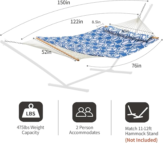 Outdoor Double Hammock with Hardwood Spreader Bars, Large Rope Hammock with Polyester Pad and Pillow, 475 LBS Capacity for 2 Person Patio Backyard Poolside - Blue Printing