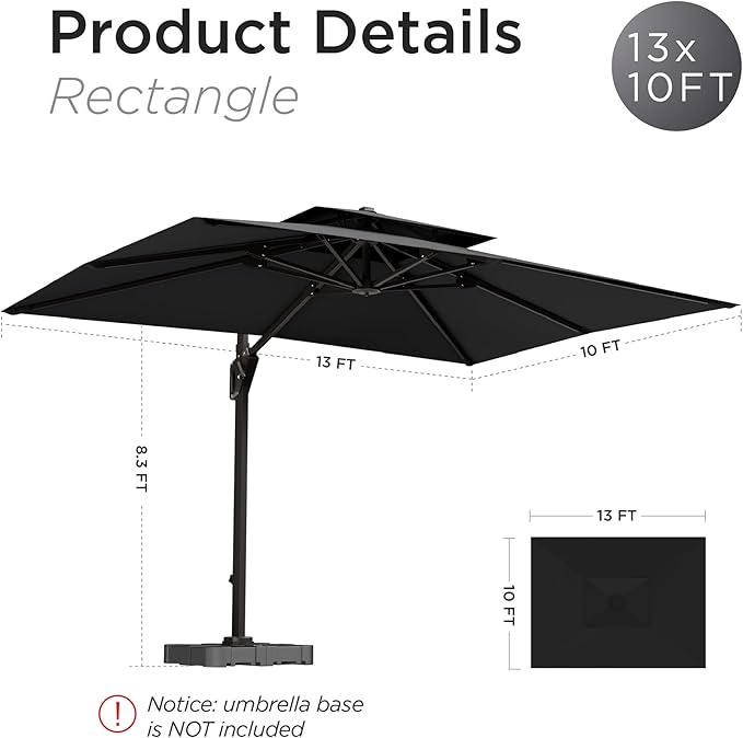 10' X 13' Patio Umbrella with Base Included Outdoor Large Rectangle Offset Cantilever Umbrellas Double Top Heavy Duty Windproof with 360-degree Rotation for Pool Garden Deck