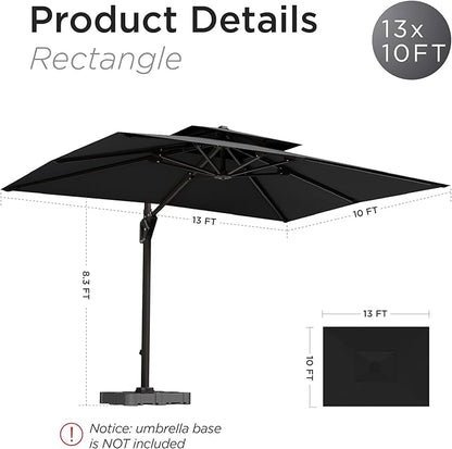 10' X 13' Patio Umbrella with Base Included Outdoor Large Rectangle Offset Cantilever Umbrellas Double Top Heavy Duty Windproof with 360-degree Rotation for Pool Garden Deck