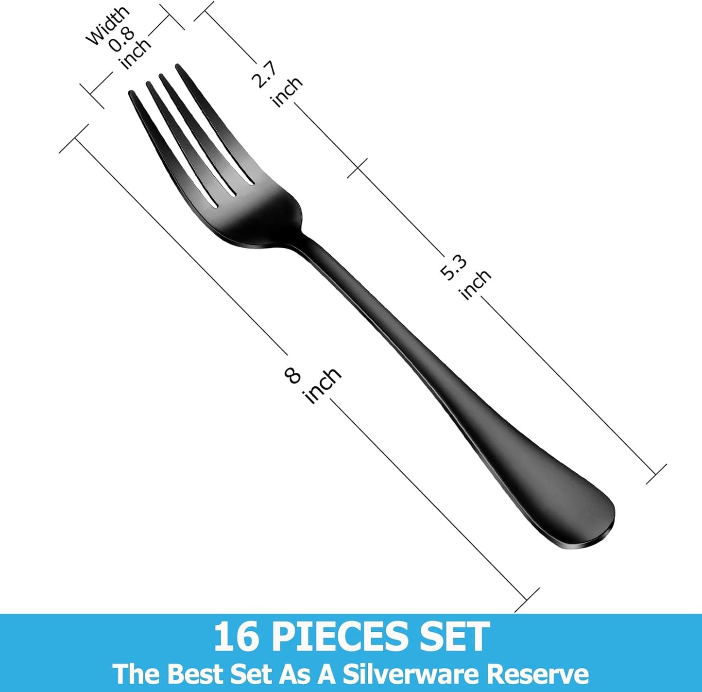 16 Piece Black Dinner Forks Set, Food-Grade Stainless Steel Silverware Forks, Cutlery Forks, Metal Forks for Home, Kitchen or Restaurant, Mirror Polished, Dishwasher Safe - 8 Inch