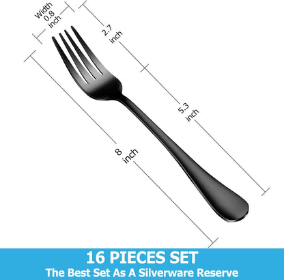 16 Piece Black Dinner Forks Set, Food-Grade Stainless Steel Silverware Forks, Cutlery Forks, Metal Forks for Home, Kitchen or Restaurant, Mirror Polished, Dishwasher Safe - 8 Inch