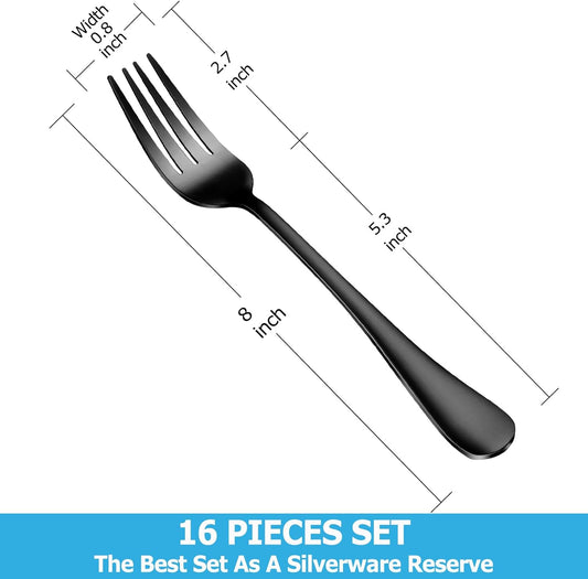 16 Piece Black Dinner Forks Set, Food-Grade Stainless Steel Silverware Forks, Cutlery Forks, Metal Forks for Home, Kitchen or Restaurant, Mirror Polished, Dishwasher Safe - 8 Inch