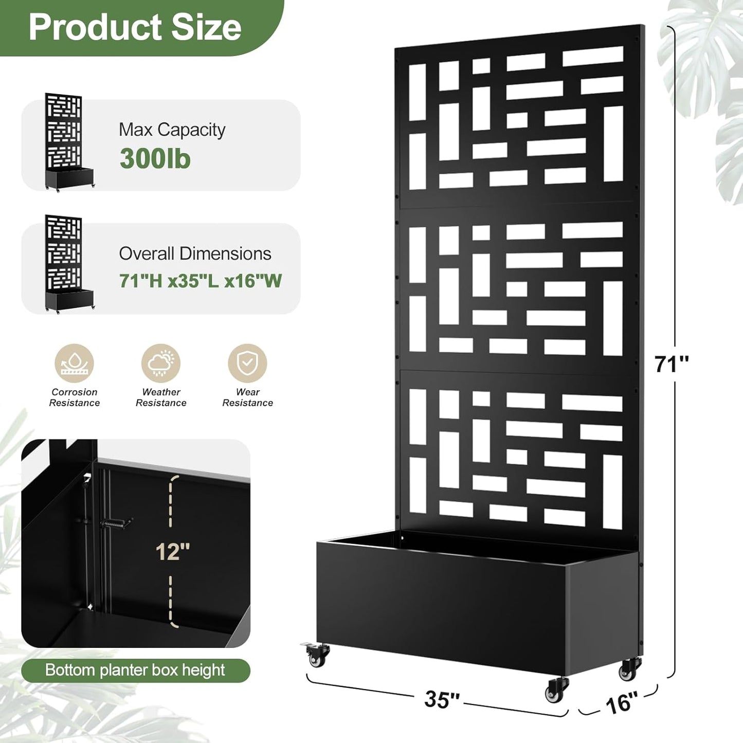 Metal Planter Box with Trellis, 71"x 35"x 16" Raised Garden Bed with Trellis & Wheels, Privacy Planters for Patio, Planter Box with Drainage Holes for Climbing Plants, Flower, Vegetable