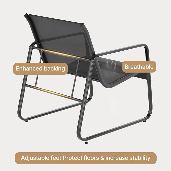 Gizoon Patio Chairs Set of 2, Patio Fumiture Set with Metal Fframe Glass Table, Outdoor Chairs Set of 2 for Balcony Bistro Table and Chair Set for Lawn, Black