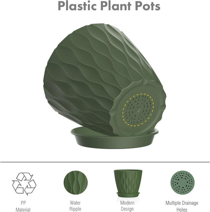 4 inch Small Plastic Nursery Pots, Seedling Pots, 5 Set Water Ripples Plant Pots for Indoor Plants, Flower Pots with Drainage Holes and Saucers, Seed Starter Pots for Succulent, Colorful