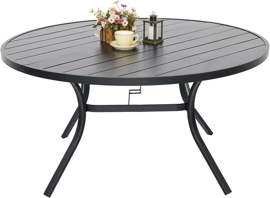 Outdoor Patio Round Dining Table, 58"x 58" Metal Slatted Round Tabletop with Adjustable Umbrella Hole for Deck Lawn Garden Backyard Balcony Deck, Black