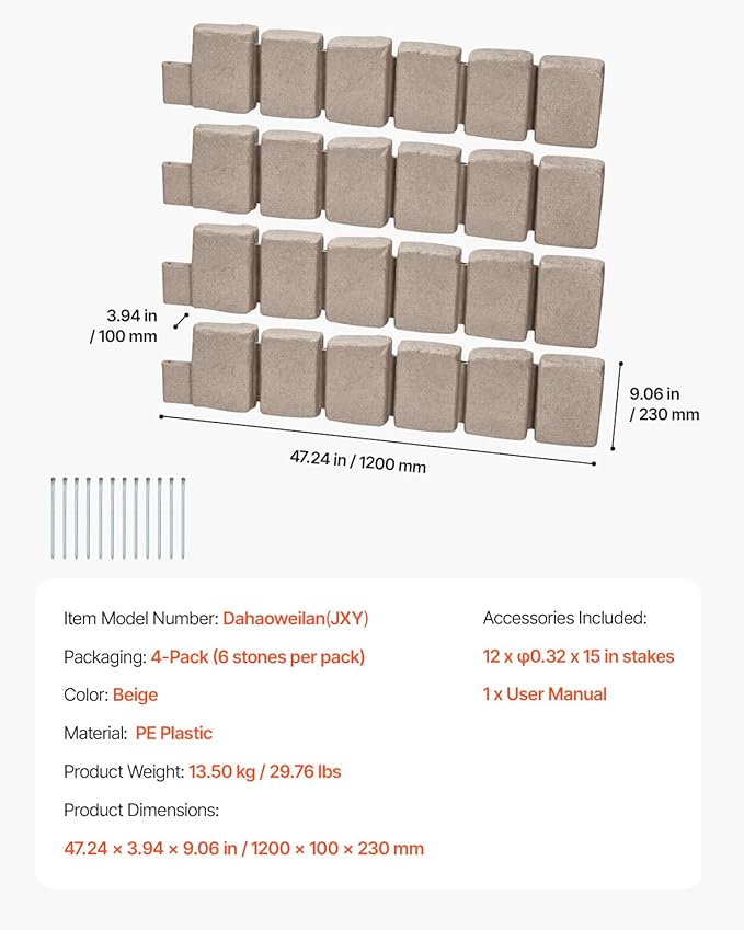 VEVOR Faux Stone Landscape Edging, No Dig Garden Edging Border, Flexible Blocks for Lawn Edging, Flower Beds, Driveway, Yards with 12 Spikes, 4 Pack 24 Bricks 16FT Kit, 47.2" Lx 4" W x 9" H, Beige