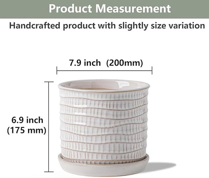 8 Inch Plant Pot: Ceramic Planter with Drainage Hole & Saucer - Cream White Flowerpot for Indoor & Outdoor Plants - with Separate Tray for Home & Office - Wave Embossed Design