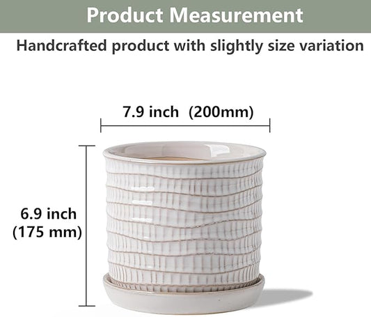 8 Inch Plant Pot: Ceramic Planter with Drainage Hole & Saucer - Cream White Flowerpot for Indoor & Outdoor Plants - with Separate Tray for Home & Office - Wave Embossed Design