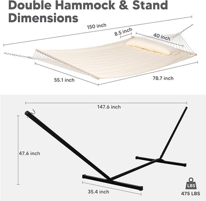 SUNCREAT Hammocks Extra Large Double Hammock with 12 ft Stand, 475lbs Capacity, Outdoor Portable Hammock with Hardwood Spreader Bar, Extra Large Pillow, Beige