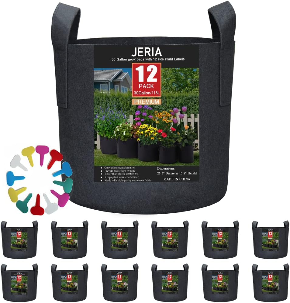 JERIA 12-Pack 30 Gallon, Vegetable/Flower/Plant Grow Bags, Aeration Fabric Pots with Handles (Black), Come with 12 Pcs Plant Labels