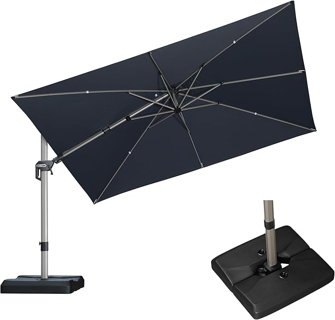 PURPLE LEAF 11.5' X 8' Left-right Tilting Patio Umbrella with Base Outdoor Swivel Cantilever Offset Aluminum Umbrella with Champagne Frame and 360-degree Rotation for Garden Deck Pool, Grey