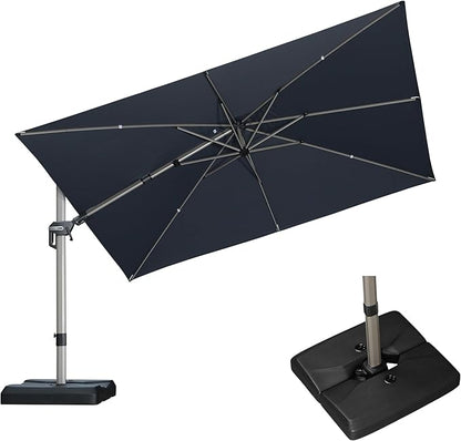 PURPLE LEAF 11.5' X 8' Left-right Tilting Patio Umbrella with Base Outdoor Swivel Cantilever Offset Aluminum Umbrella with Champagne Frame and 360-degree Rotation for Garden Deck Pool, Grey