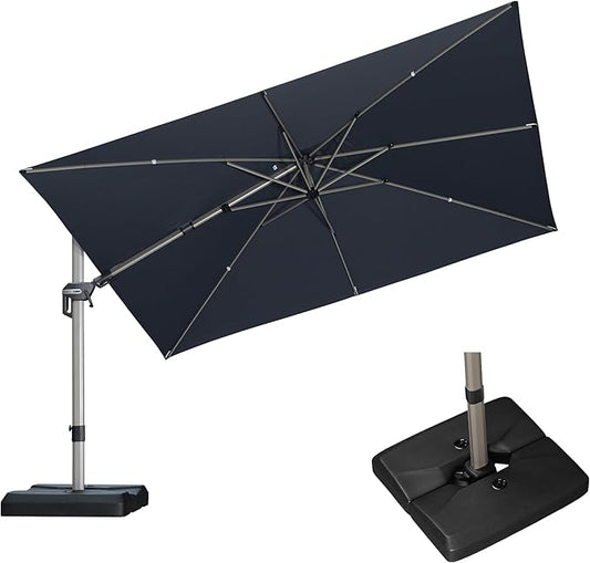 PURPLE LEAF 11.5' X 8' Left-right Tilting Patio Umbrella with Base Outdoor Swivel Cantilever Offset Aluminum Umbrella with Champagne Frame and 360-degree Rotation for Garden Deck Pool, Grey