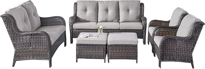 Rilyson Wicker Patio Furniture Set - 6 Piece Rattan Outdoor Sectional Conversation Sets with 1 Sofa,1 Loveseat,2 Armrest Chairs and 2 Ottomans for Porch Deck Garden(Brown/Grey)