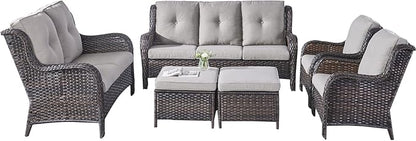 Rilyson Wicker Patio Furniture Set - 6 Piece Rattan Outdoor Sectional Conversation Sets with 1 Sofa,1 Loveseat,2 Armrest Chairs and 2 Ottomans for Porch Deck Garden(Brown/Grey)