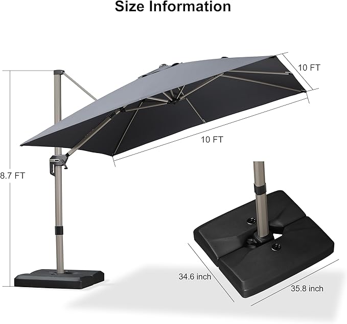 PURPLE LEAF 10FT Patio Umbrella with Base Cantilever Umbrella Square Outdoor Offset Umbrella with Champagne Frame and 360° Rotation for Garden Deck Pool, Grey