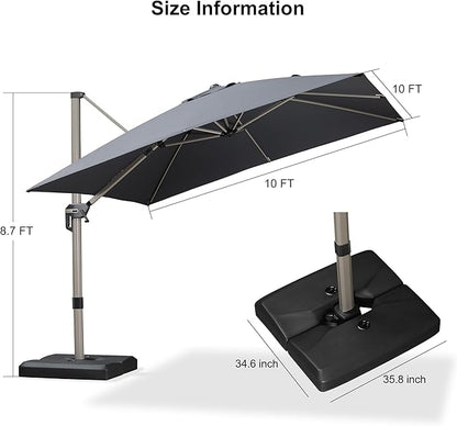 PURPLE LEAF 10FT Patio Umbrella with Base Cantilever Umbrella Square Outdoor Offset Umbrella with Champagne Frame and 360° Rotation for Garden Deck Pool, Grey