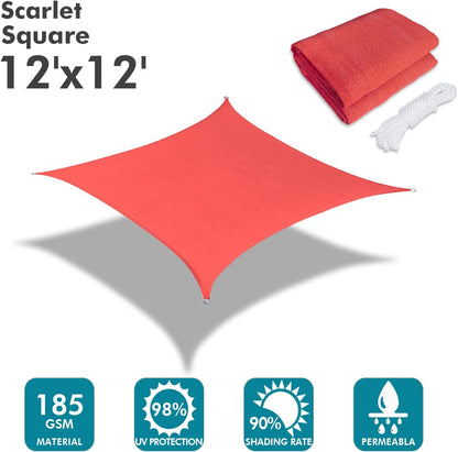 KANAGAWA Sun Shade Sail 12'x12' Scarlet Square UV Block Canopy Awning Shelter Fabric Cloth Screen for Outdoor Patio Garden Backyard